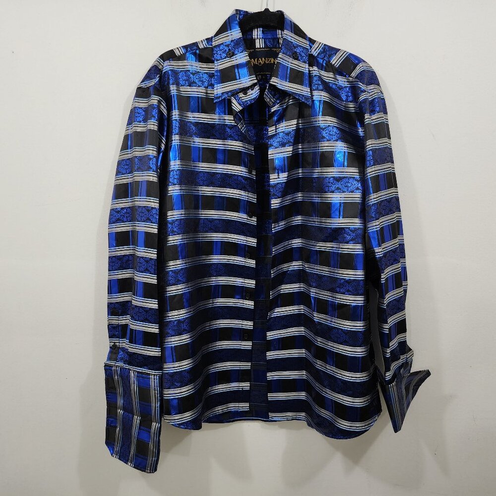 Manzini button-up long-sleeved shirt Black Metallic Blue Stripe Paisley Mens L
